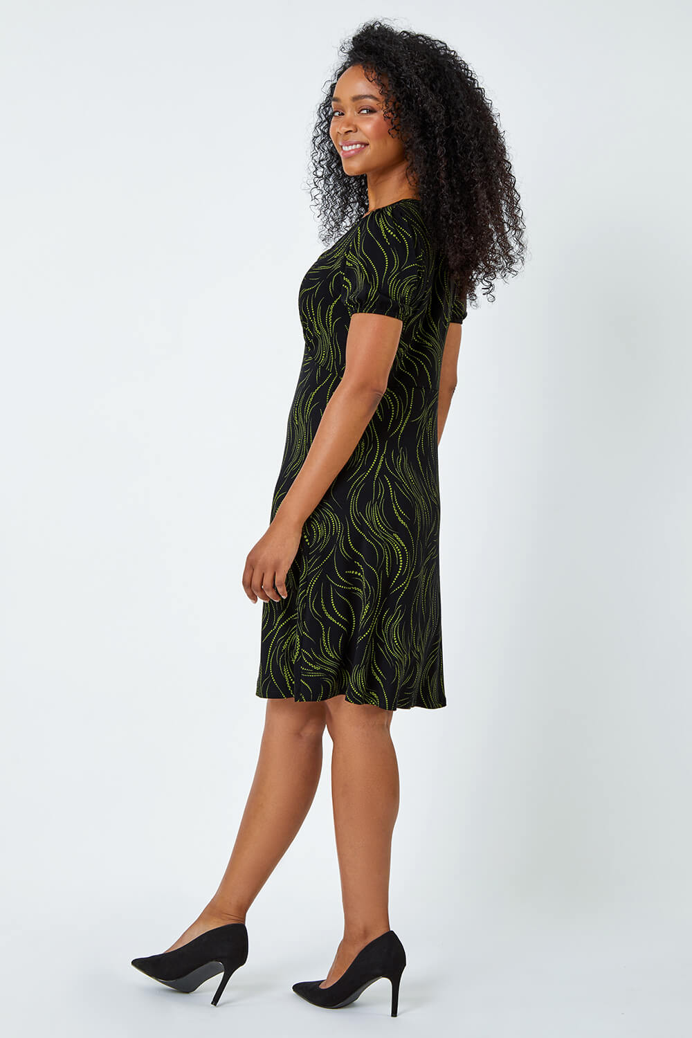 Lime Petite Abstract Print Tie Neck Dress, Image 3 of 5