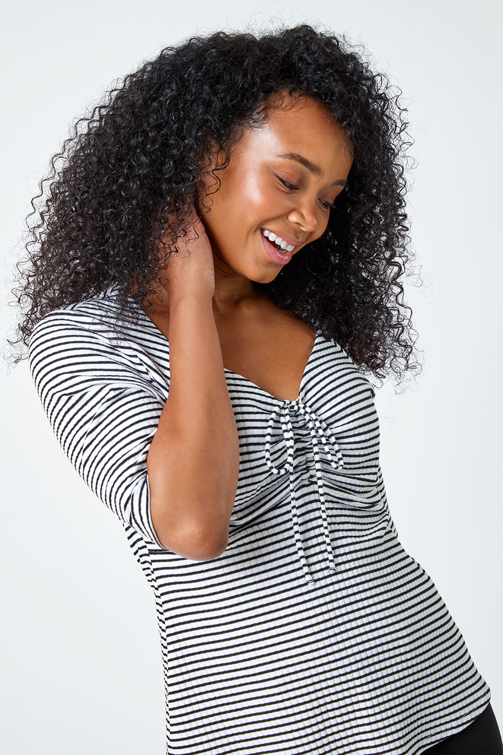Black Petite Stripe Ruched Stretch Top, Image 2 of 5