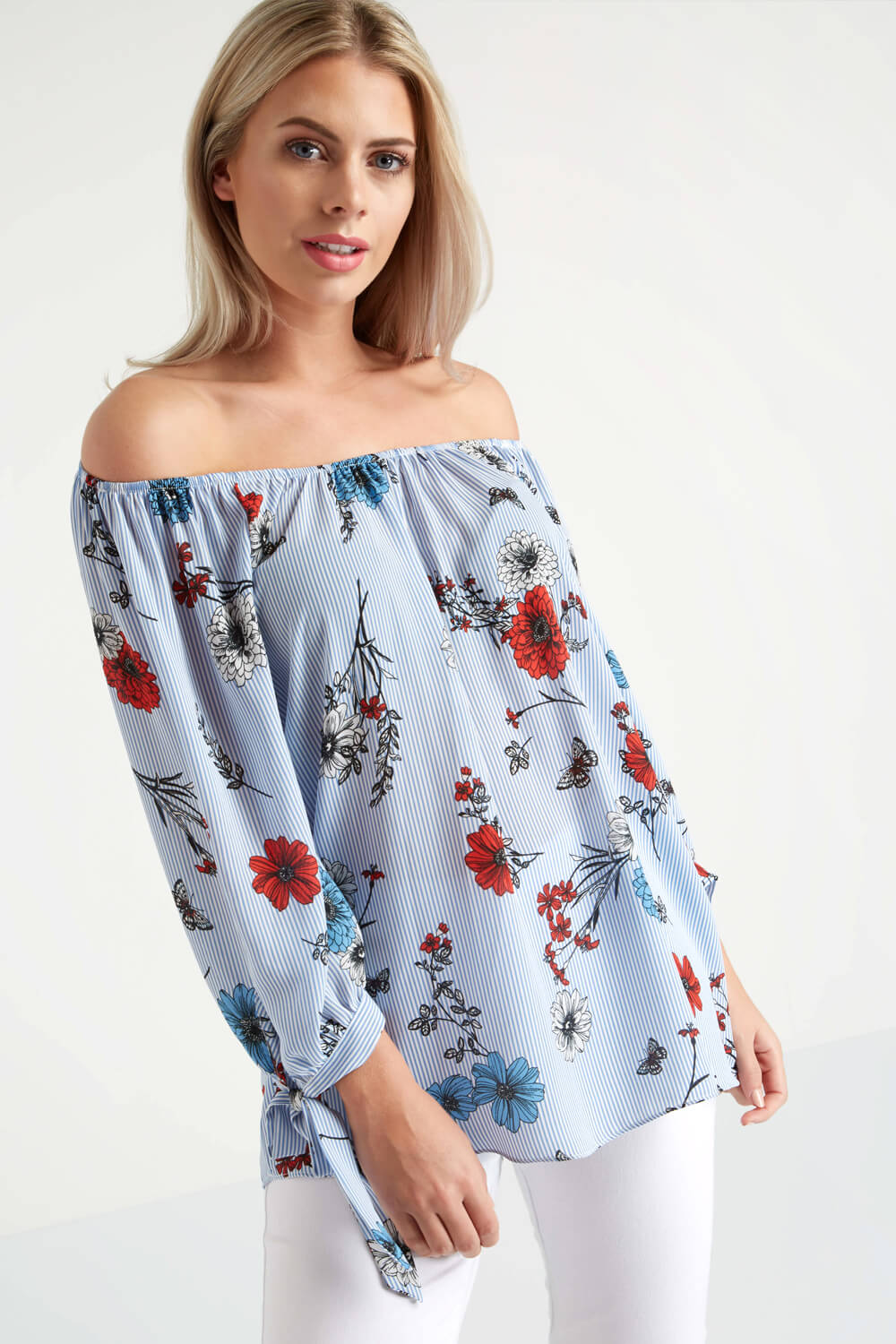 Stripe Floral Print Bardot Top in Light Blue - Roman Originals UK