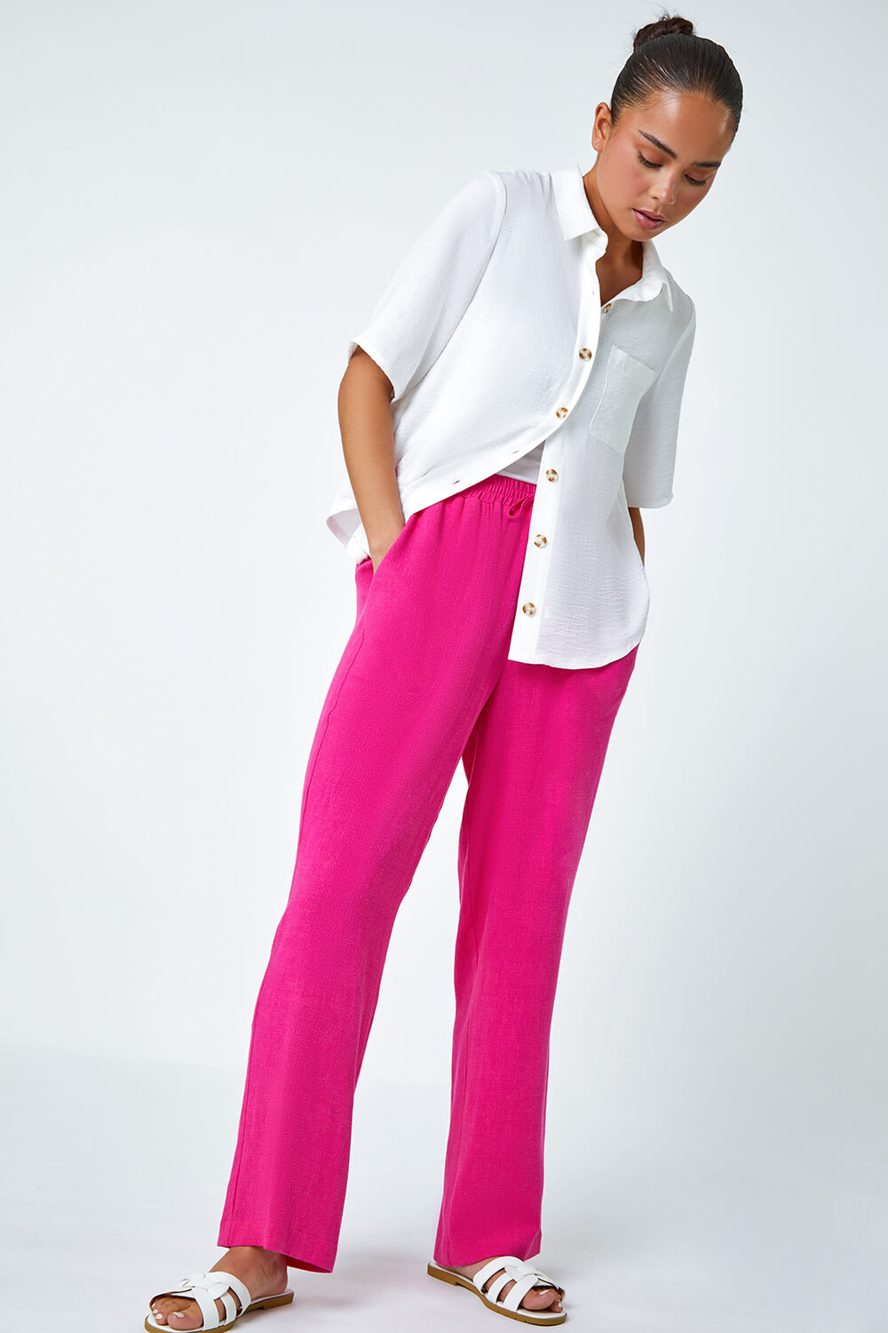 PINK Petite Linen Mix Trousers, Image 2 of 5