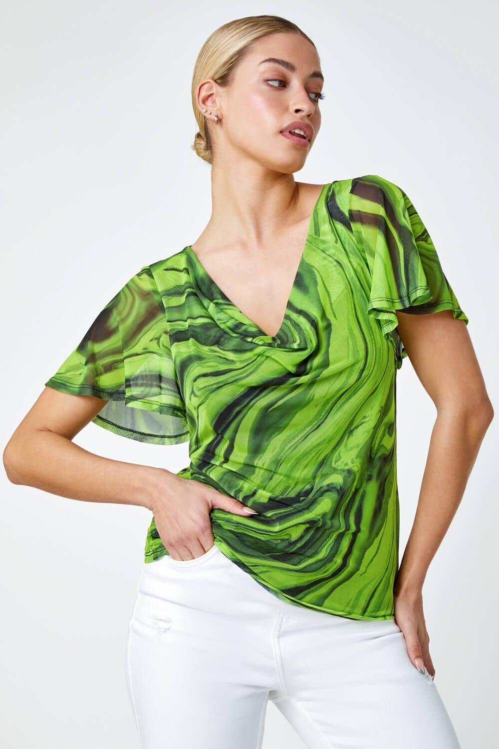 Green Swirl Print Stretch Cut Out Top, Image 2 of 5