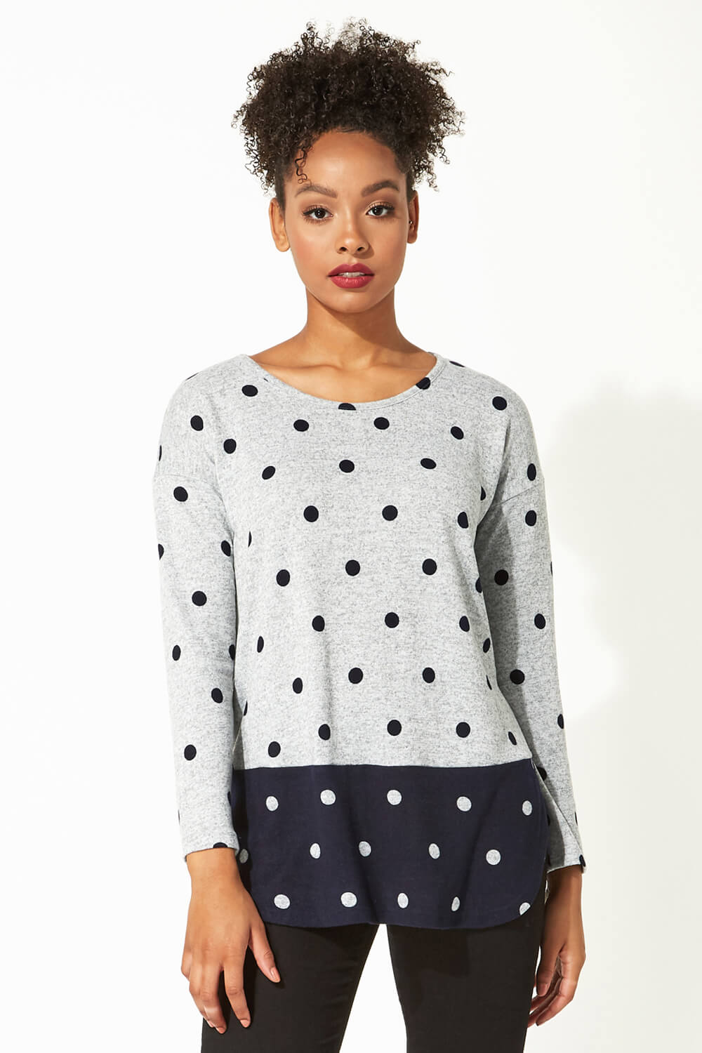 Contrast Polka Dot Round Neck Long Sleeve Top
