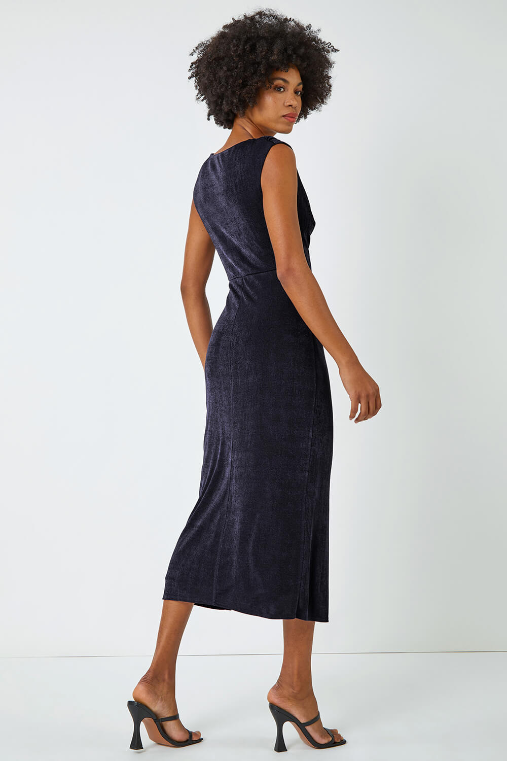 Navy  Cowl Neck Ruched Midi Dress, Image 3 of 5