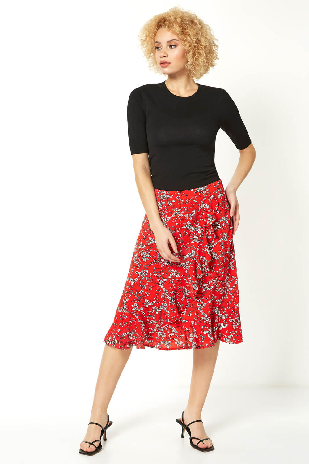 Red Ditsy Floral Ruffle Detail Skirt, Image 3 of 5