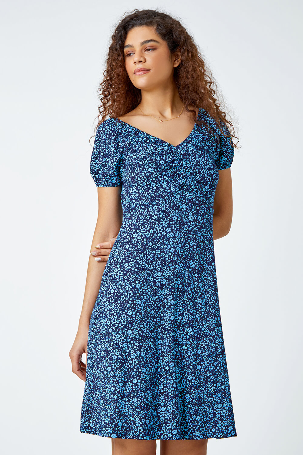 Blue Ditsy Floral Stretch Ruched Dress, Image 2 of 5