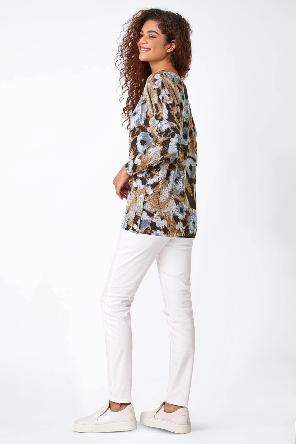 Neutral Floral Print Button Detail Stretch Top, Image 3 of 5