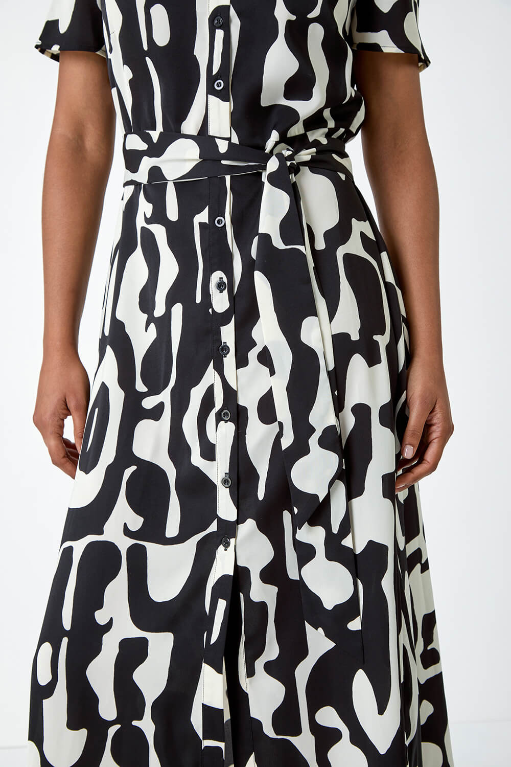 Black Abstract Print Fit & Flare Shirt Dress, Image 5 of 5