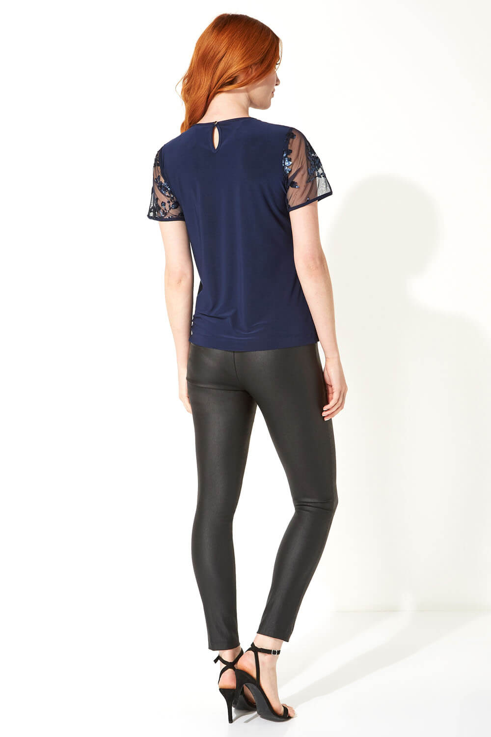 Navy  Floral Mesh Embroidered Top, Image 3 of 5