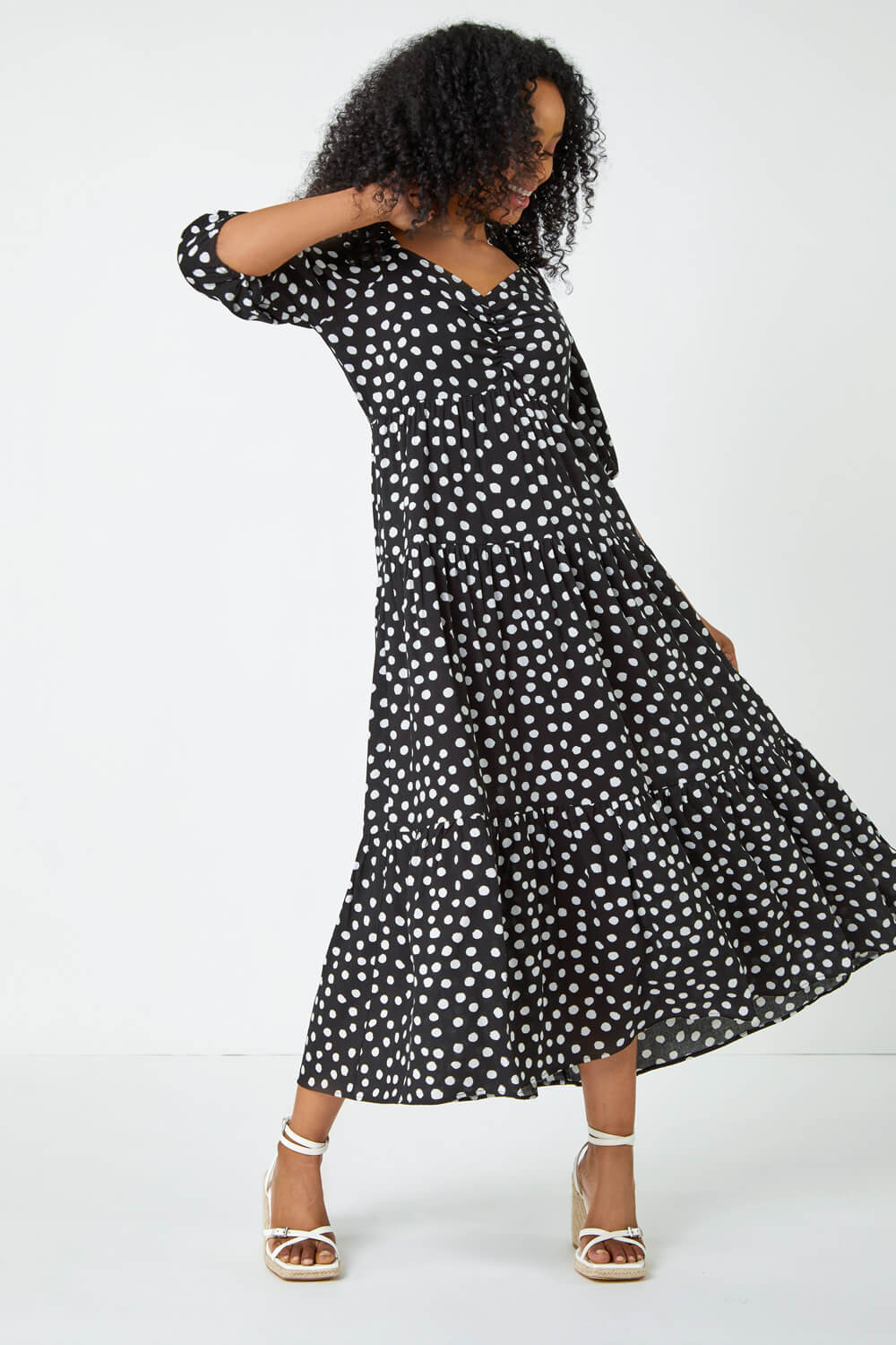 Black Petite Polka Dot Tiered Midi Dress, Image 2 of 5