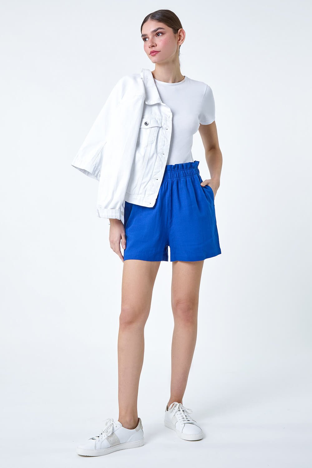 Royal Blue Linen Blend Elastic Waist Pocket Shorts, Image 2 of 5