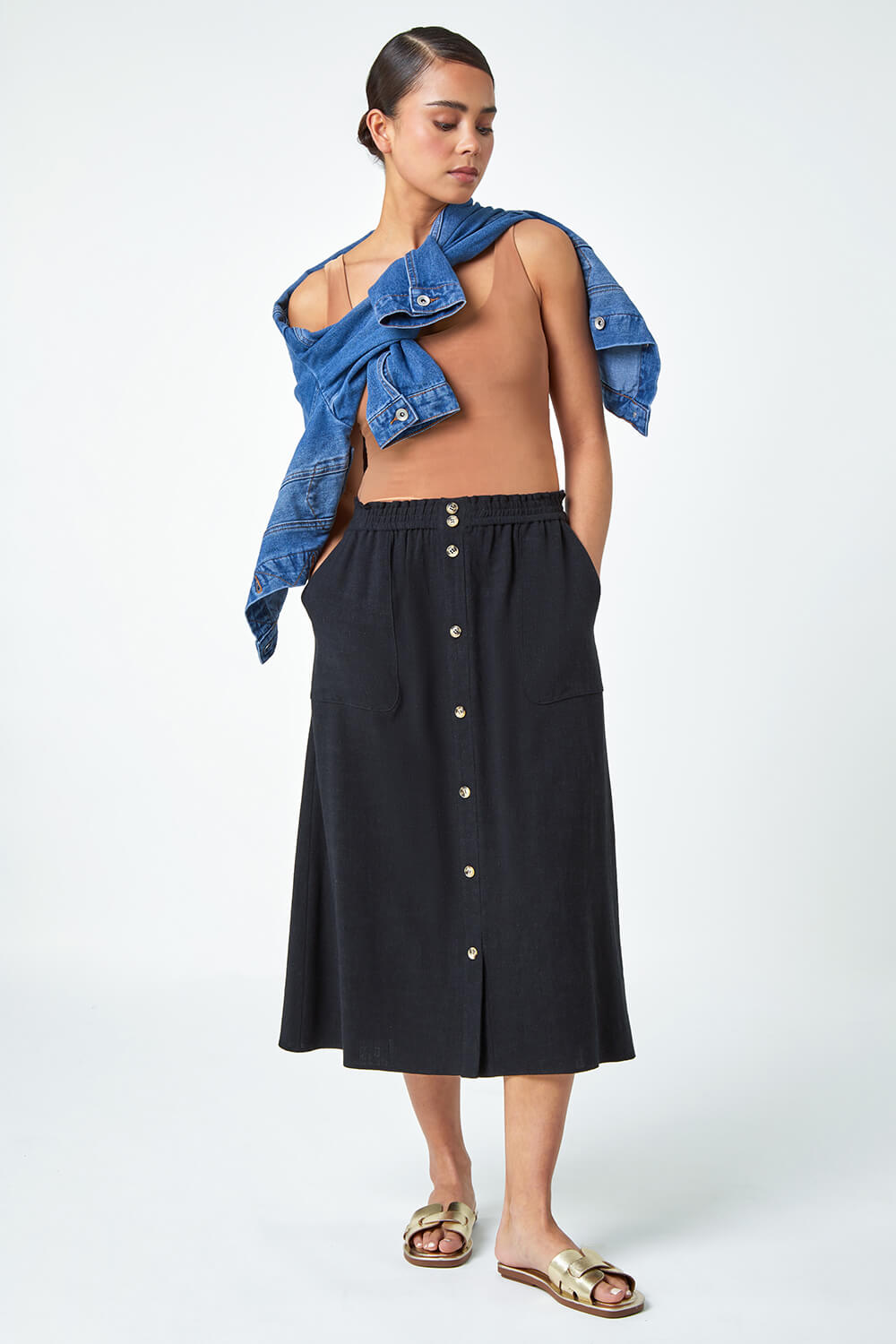 Black Petite Linen Blend Button Midi Skirt, Image 2 of 5