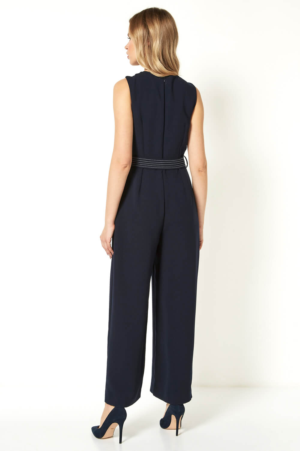 Navy  Top Stitch Belted Jumpsuit, Image 2 of 4