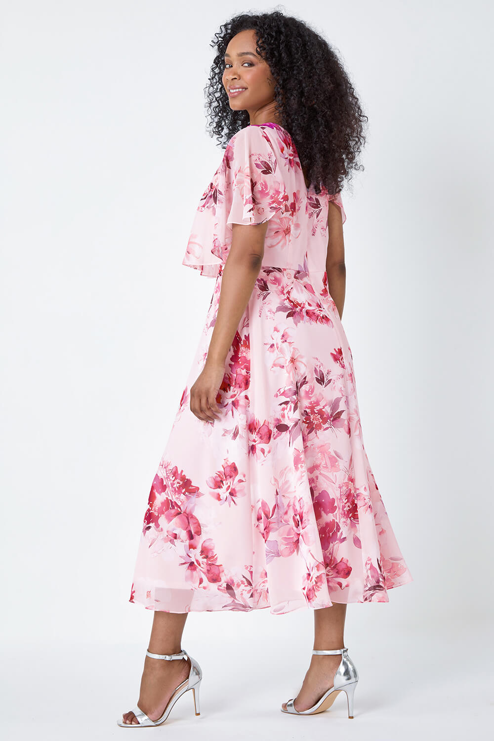 Light Pink Petite Floral Cape Style Midi Dress, Image 3 of 5
