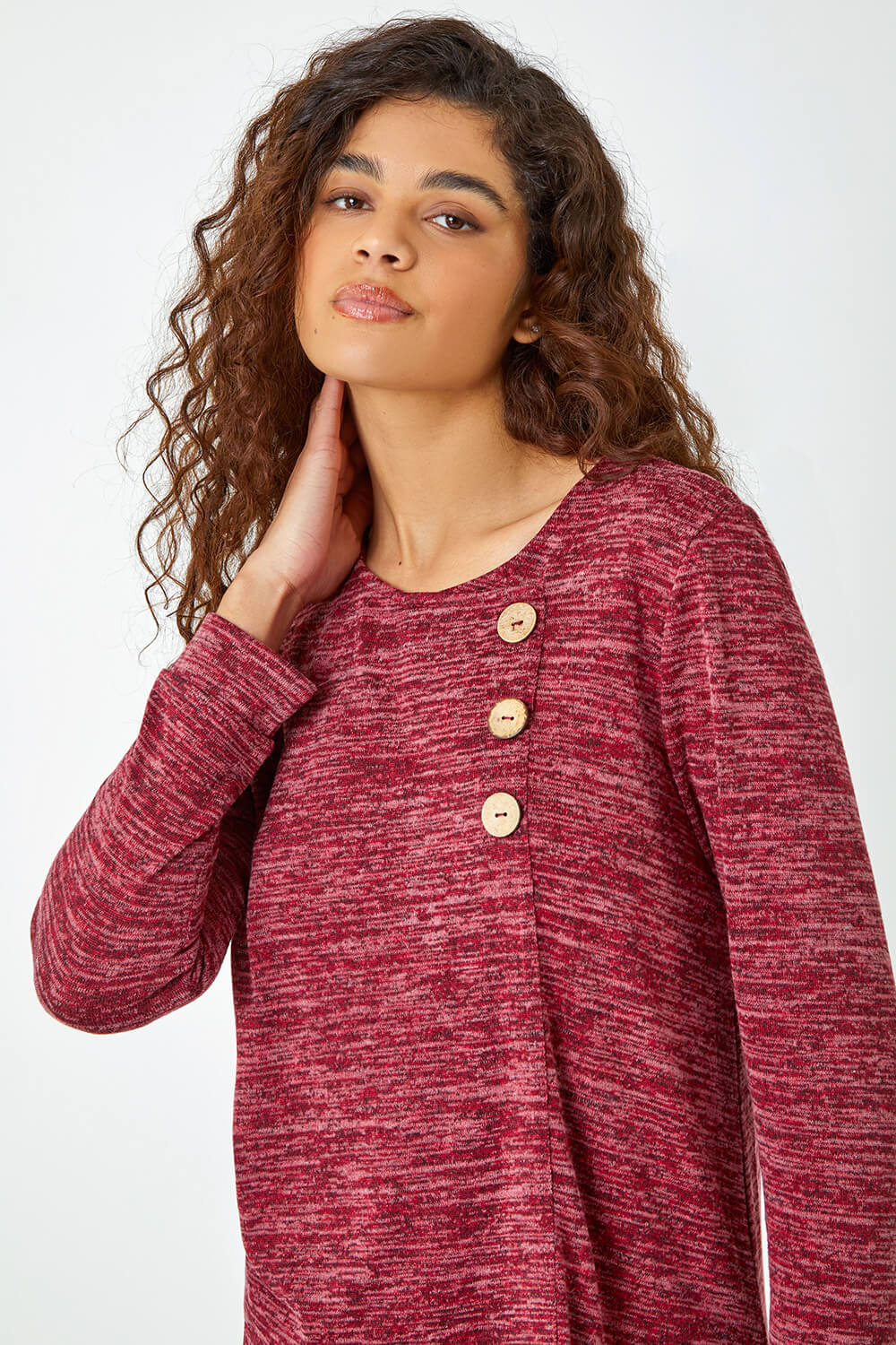 Maroon Button Stretch Knit Asymmetric Top, Image 4 of 5