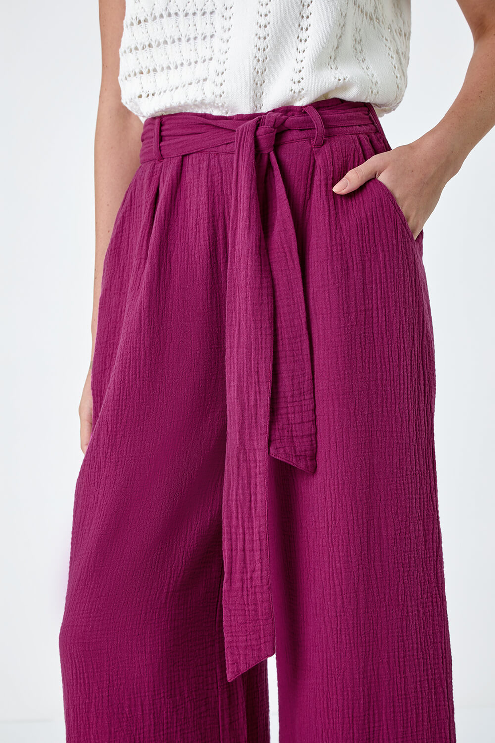 MAGENTA Textured Cotton Wide Leg Trousers, Image 5 of 5