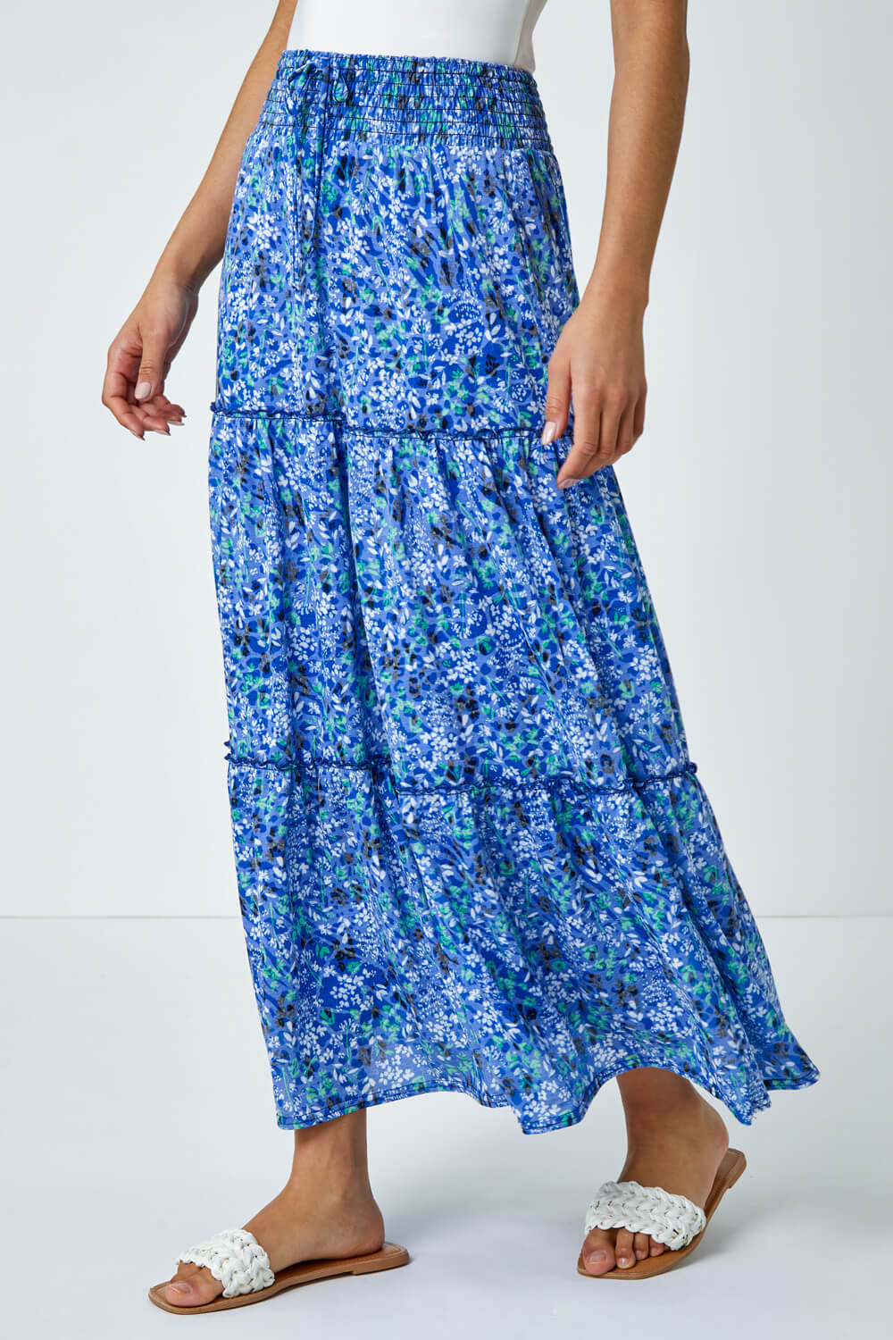 Blue Ditsy Floral Print Tiered Maxi Skirt, Image 4 of 5