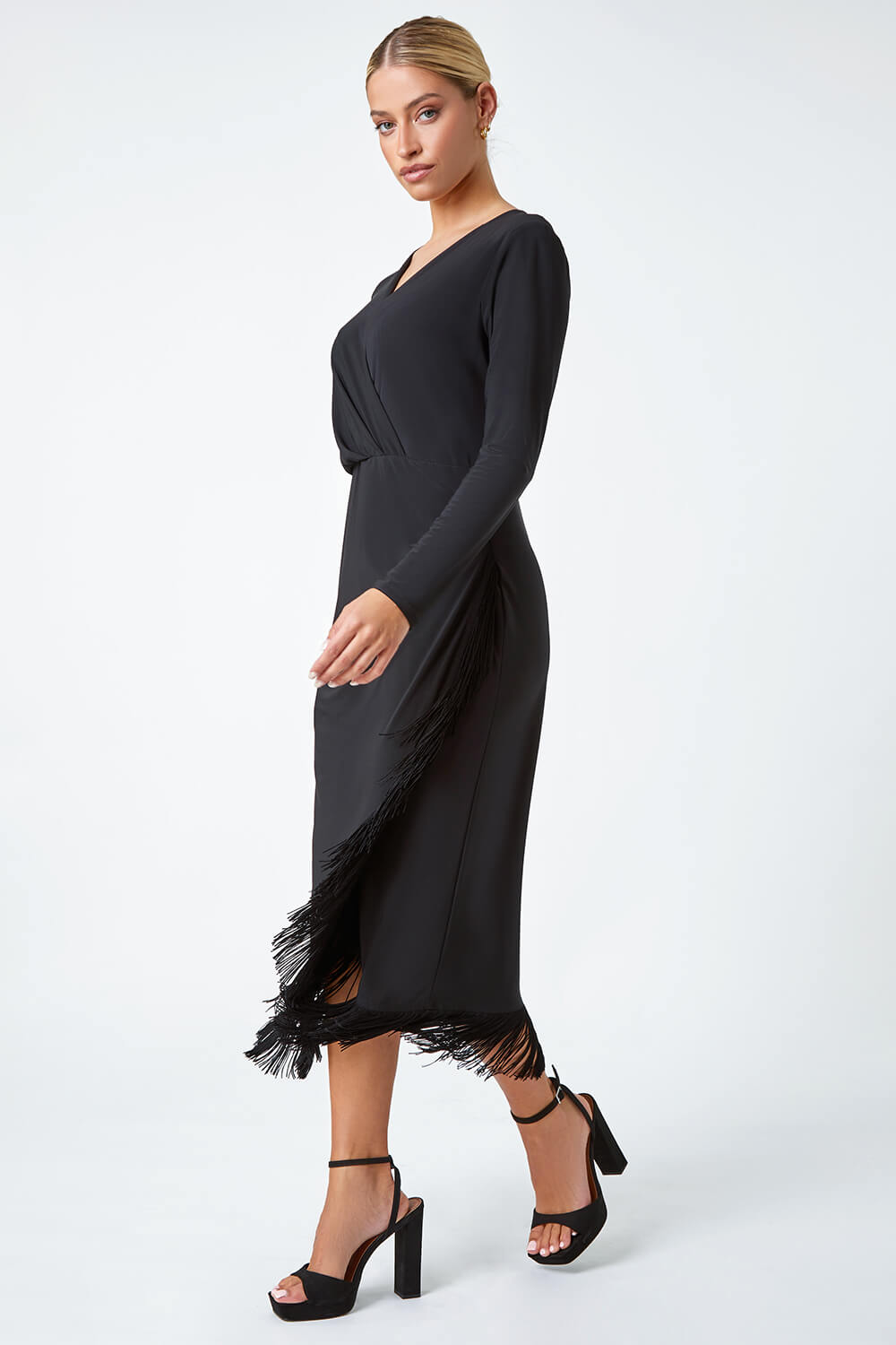 Black Tassel Trim Stretch Wrap Dress, Image 2 of 5