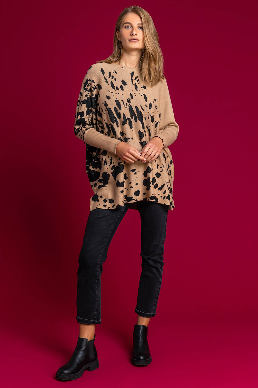 Camel  Relaxed Abstract Print Jumper, Image 3 of 5