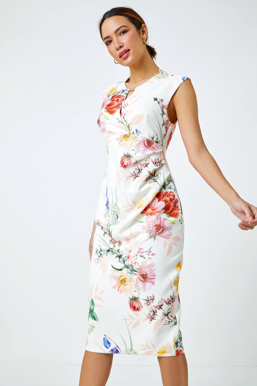 Ivory Floral Print Ruched Midi Dress | Roman UK