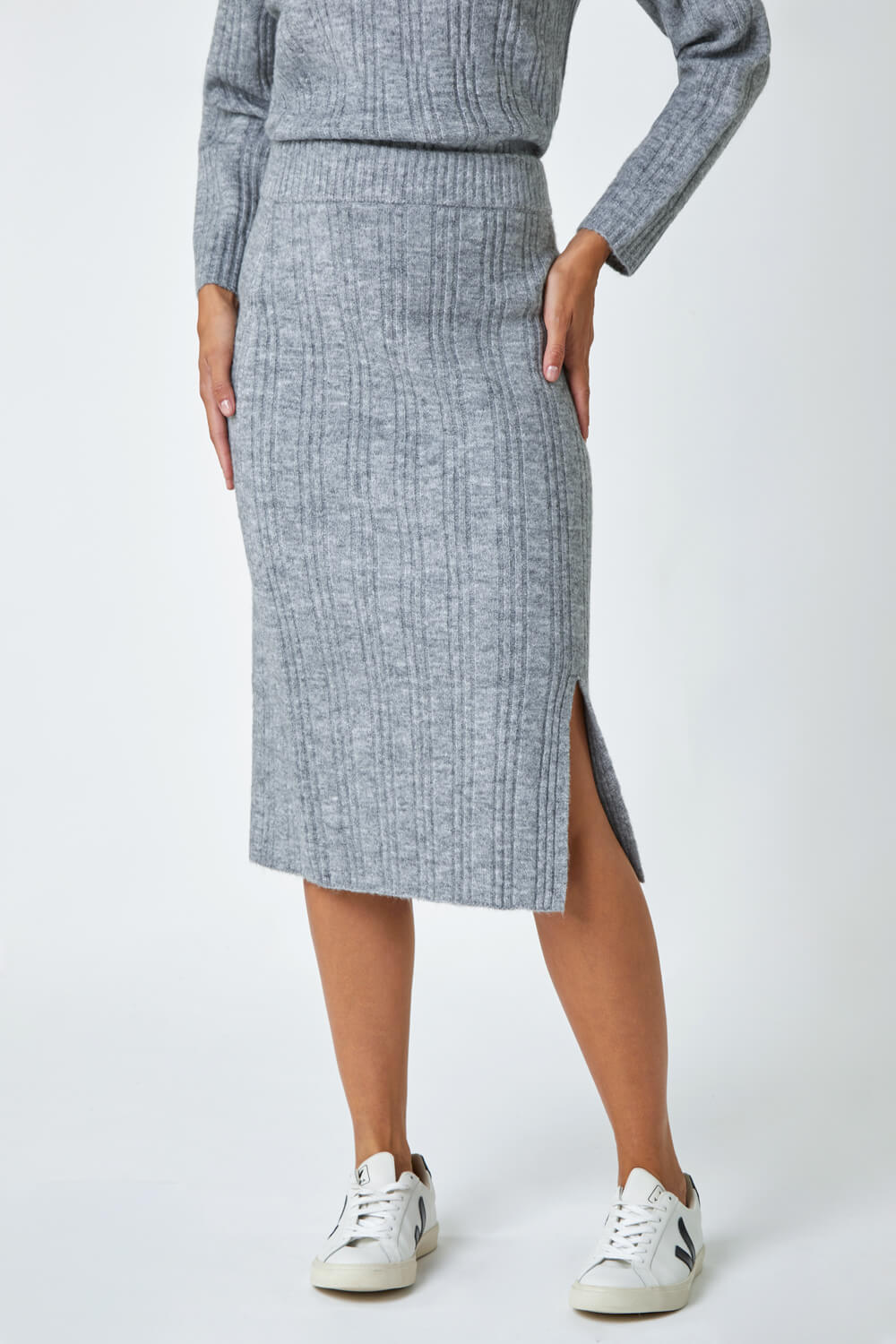 Grey Ribbed Side Split Knit Pencil Skirt, Image 4 of 5