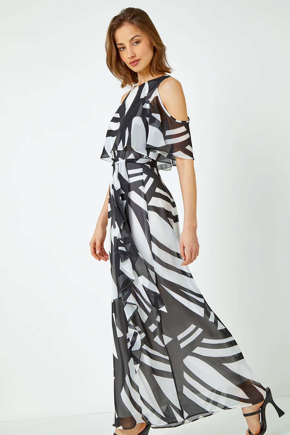 Geometric Overlay Cold Shoulder Maxi Dress
