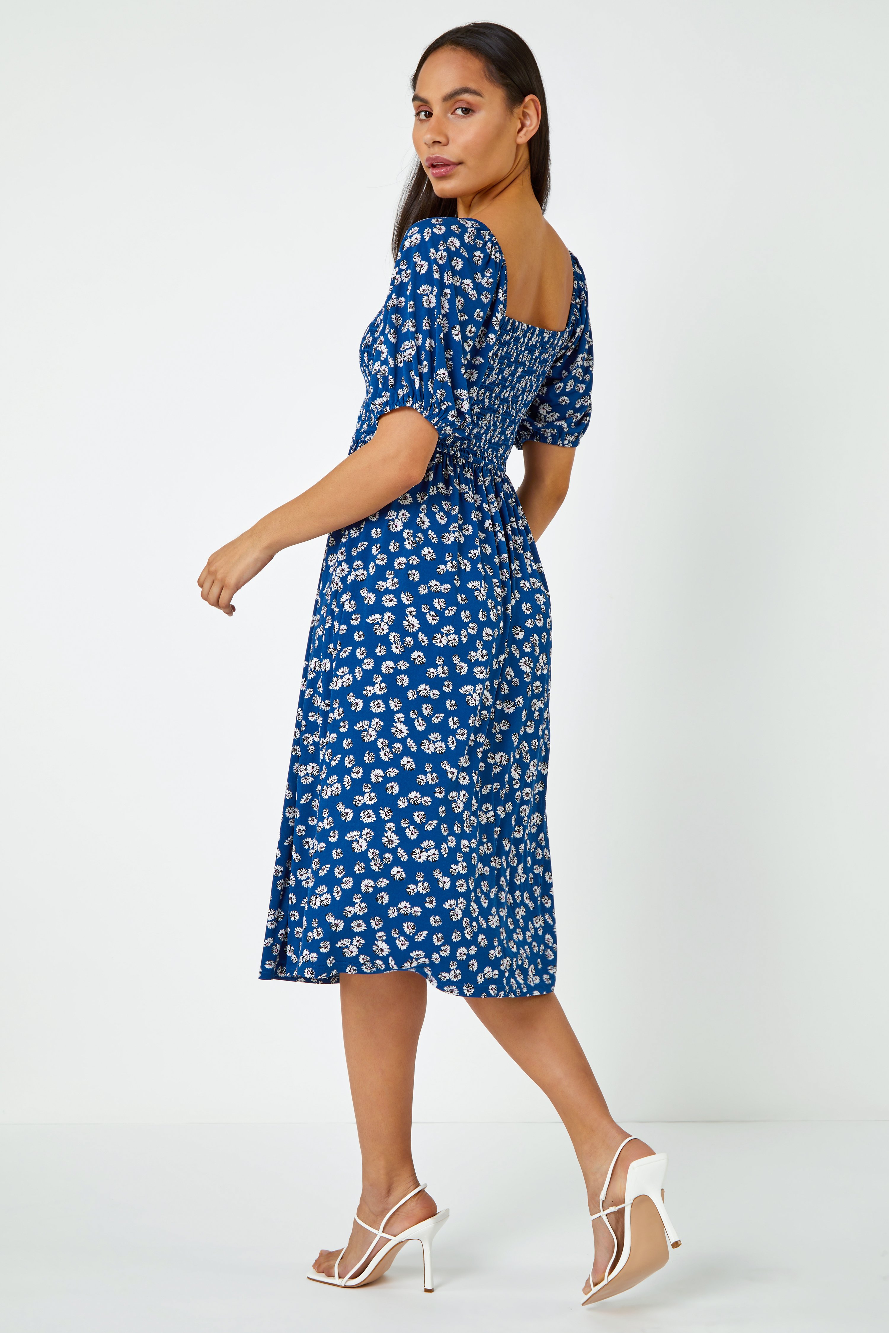 Blue Ditsy Floral Print Shirred Dress | Roman UK