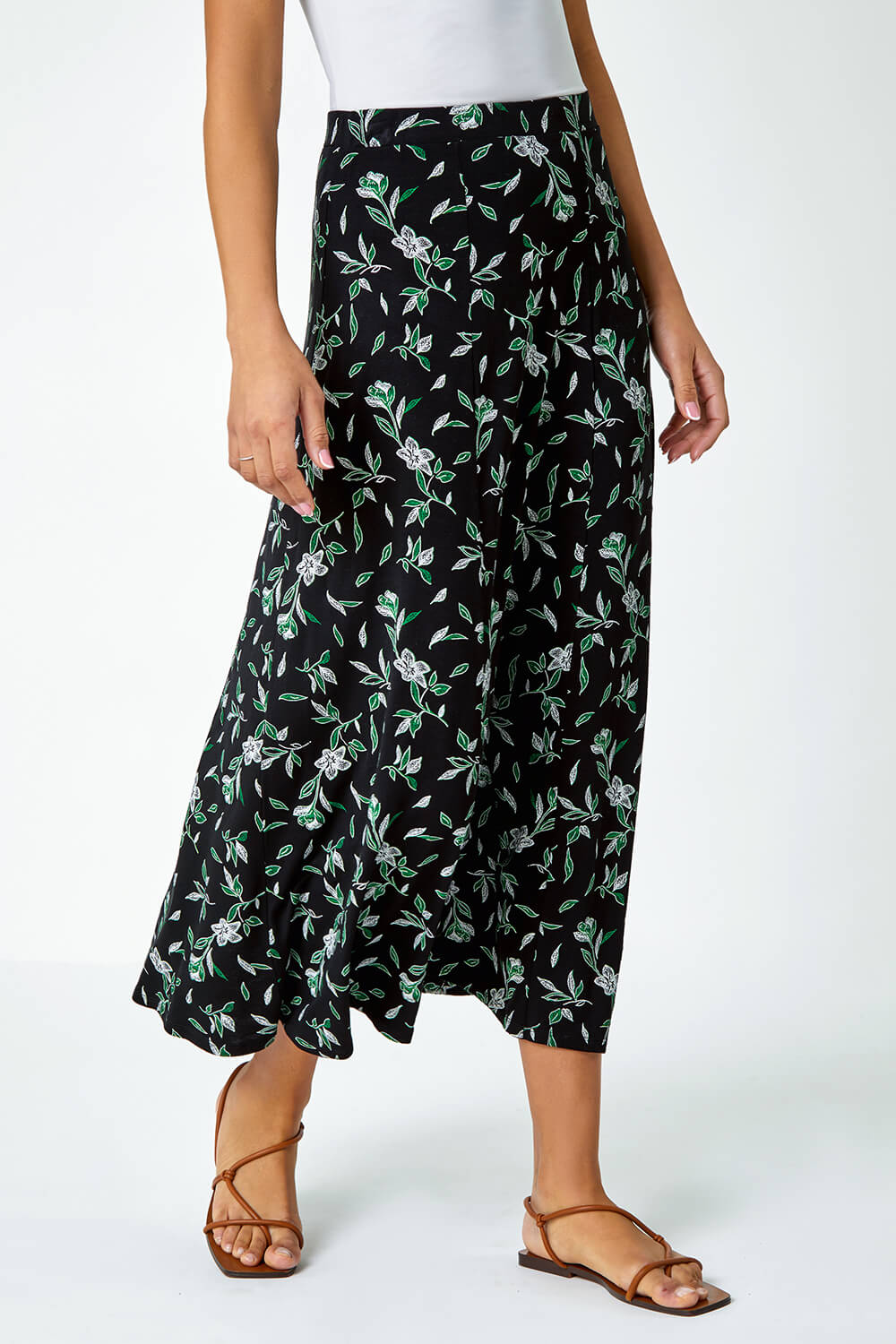 Green Floral Leaf Stretch Jersey Midi Skirt, Image 4 of 5
