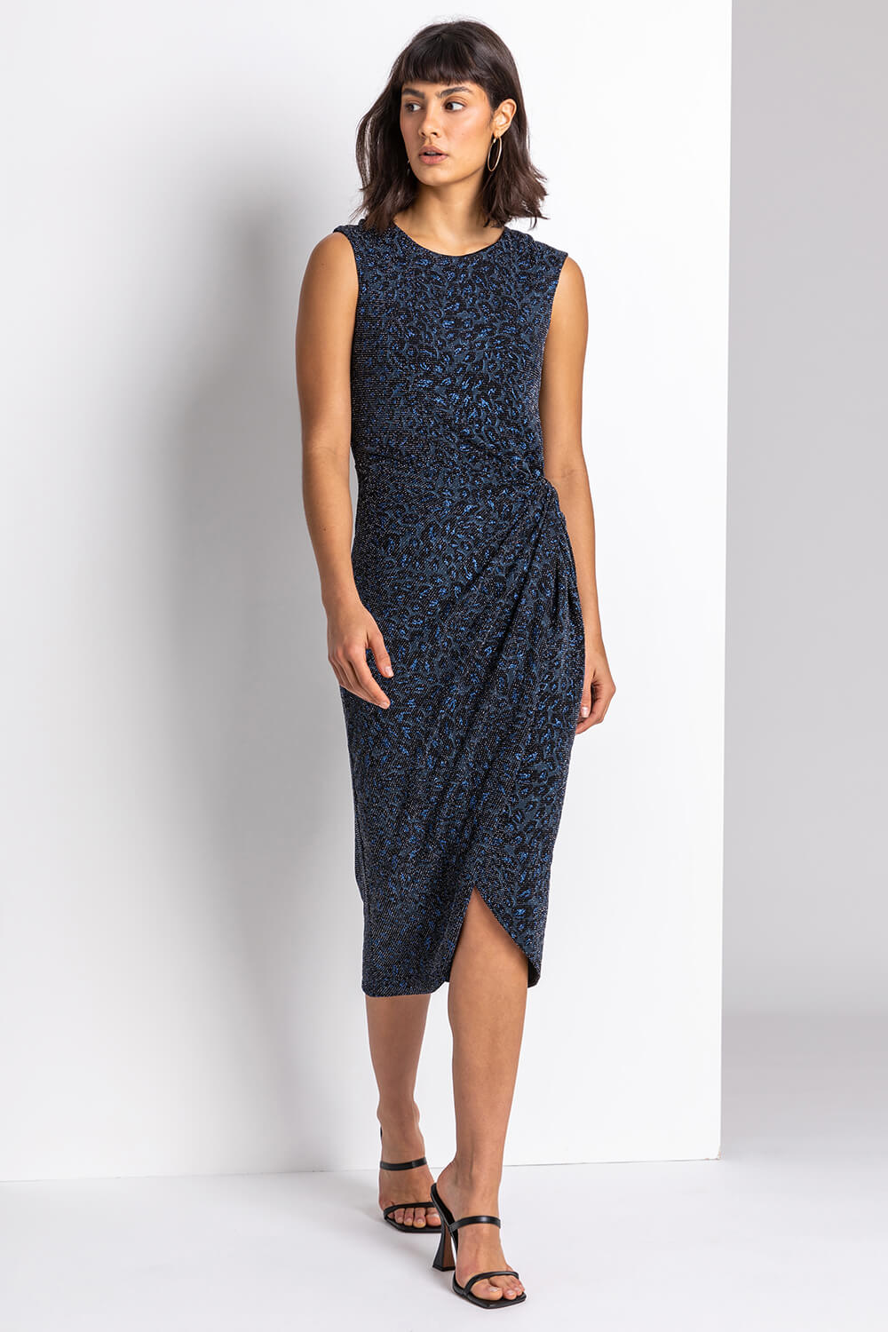 Navy  Glitter Leopard Print Twist Midi Dress, Image 3 of 5