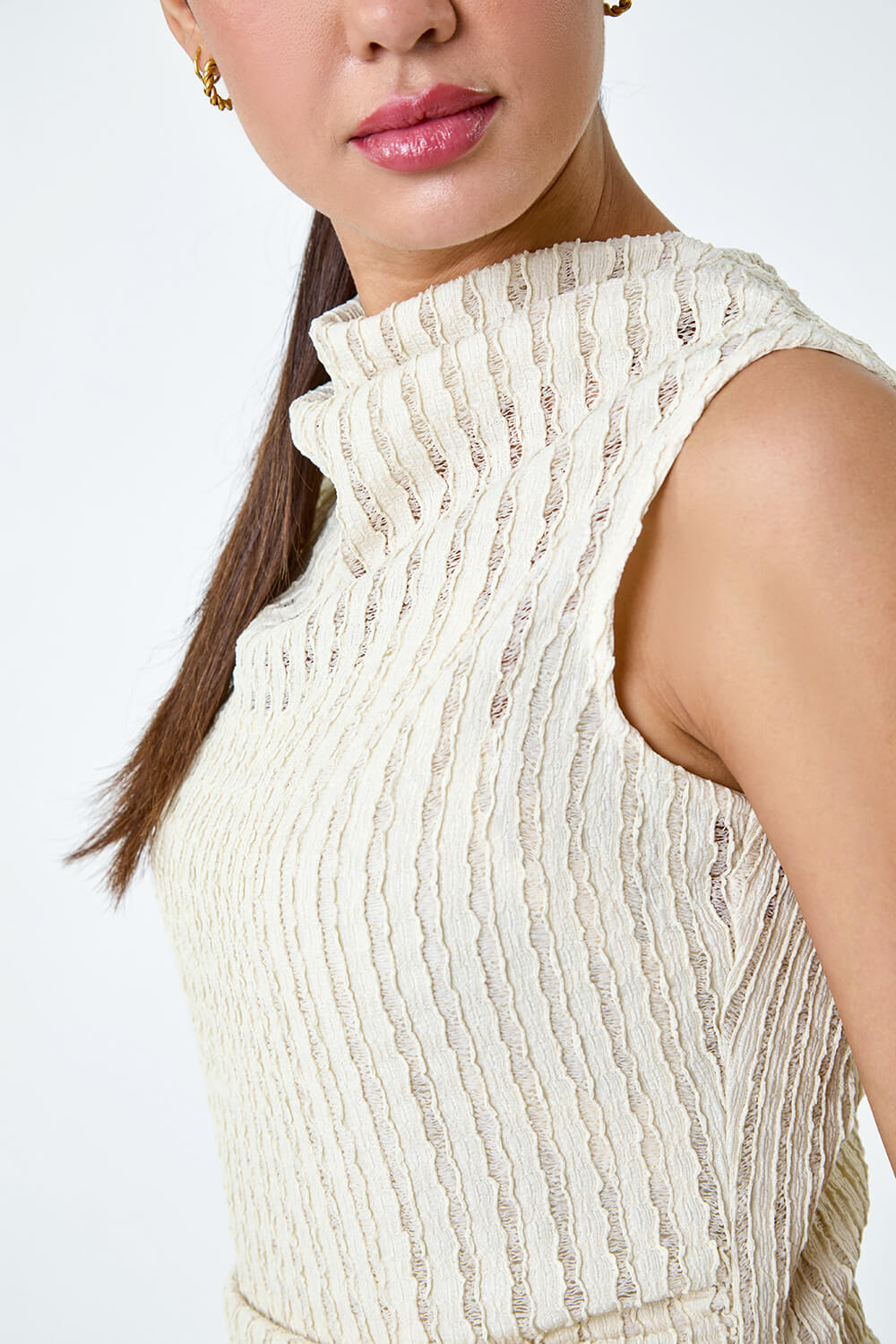 Natural  Textured High Neck Sleeveless Stretch Top, Image 5 of 5