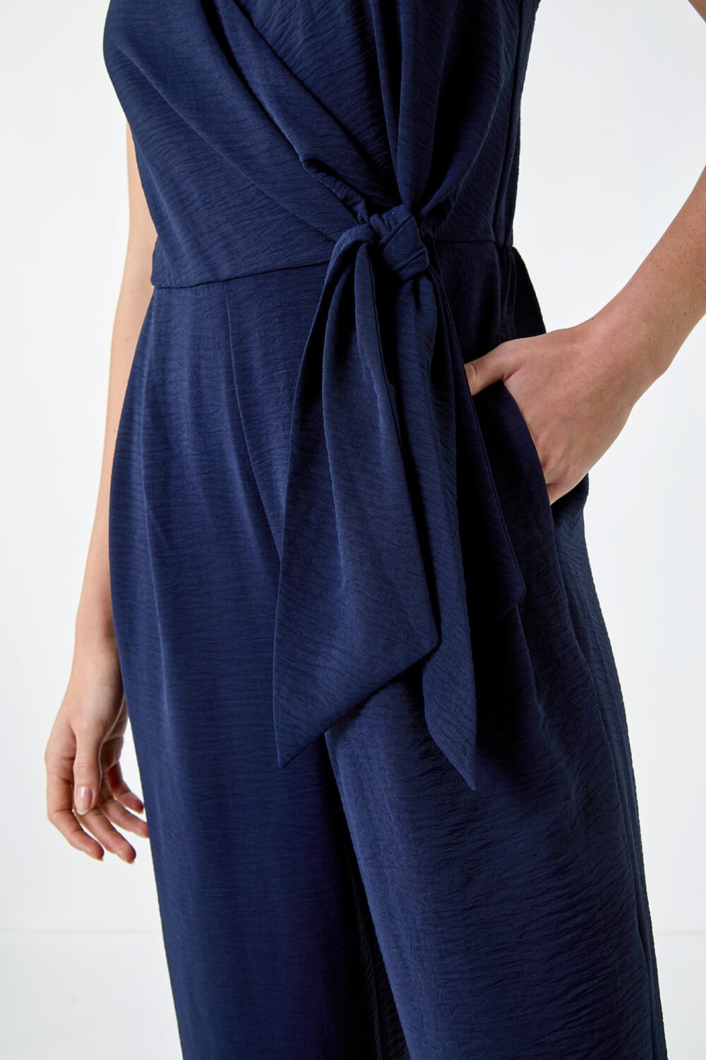 Navy Tie Waist Pocket Detail Wrap Jumpsuit | Roman UK