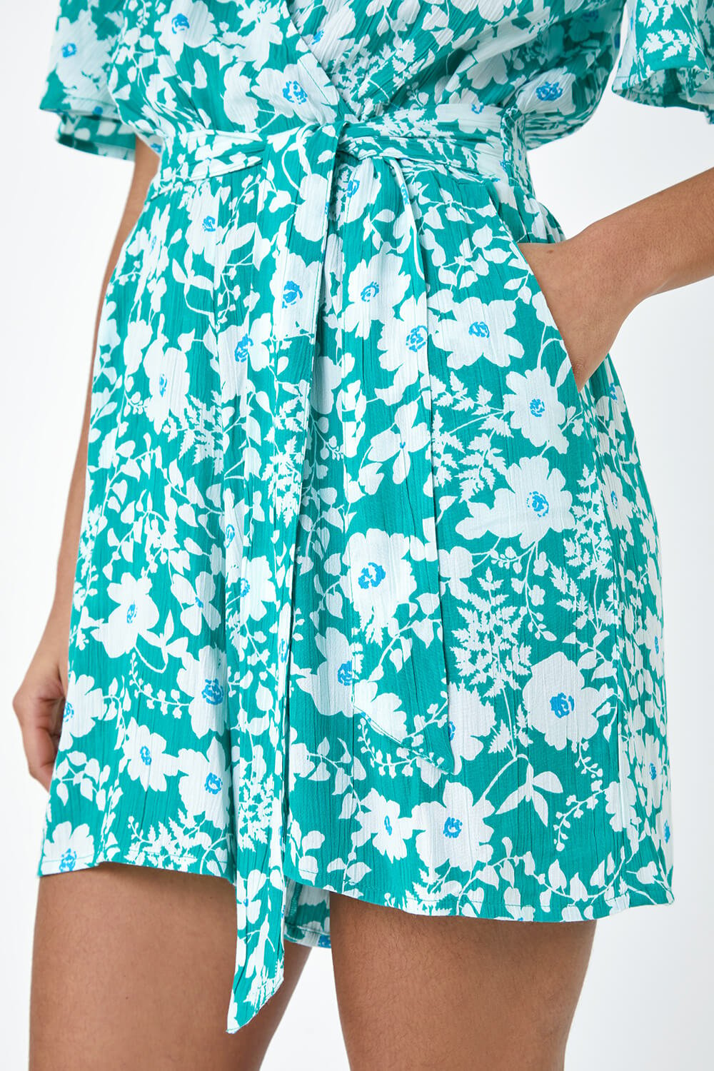 Turquoise Floral Print Belted Wrap Playsuit, Image 5 of 5