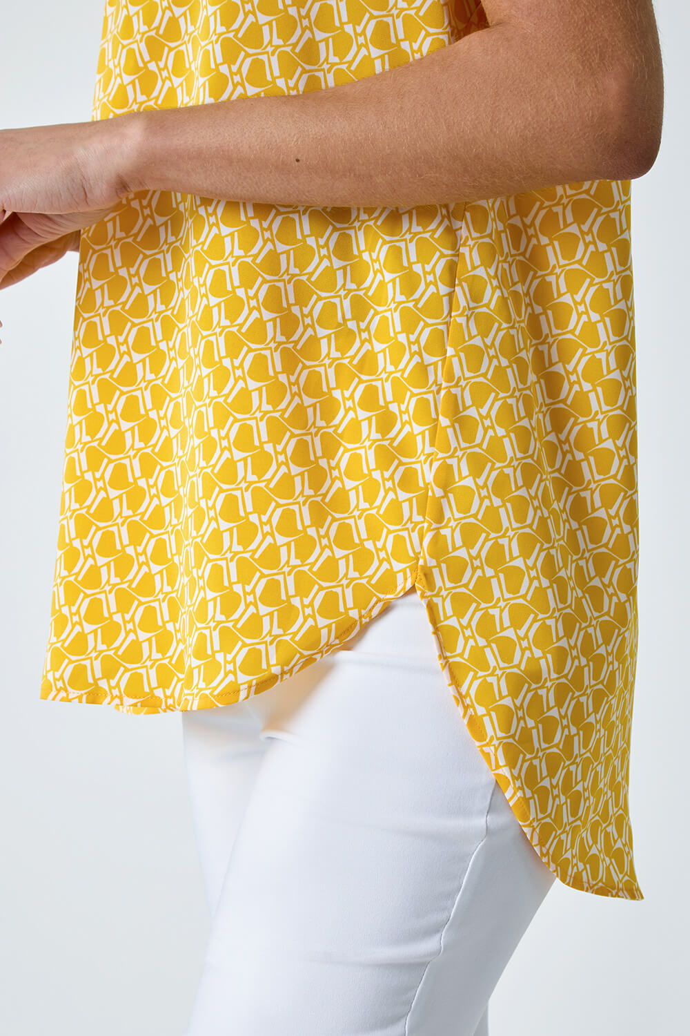 Yellow Abstract Print Woven Pleat Front Top, Image 5 of 5