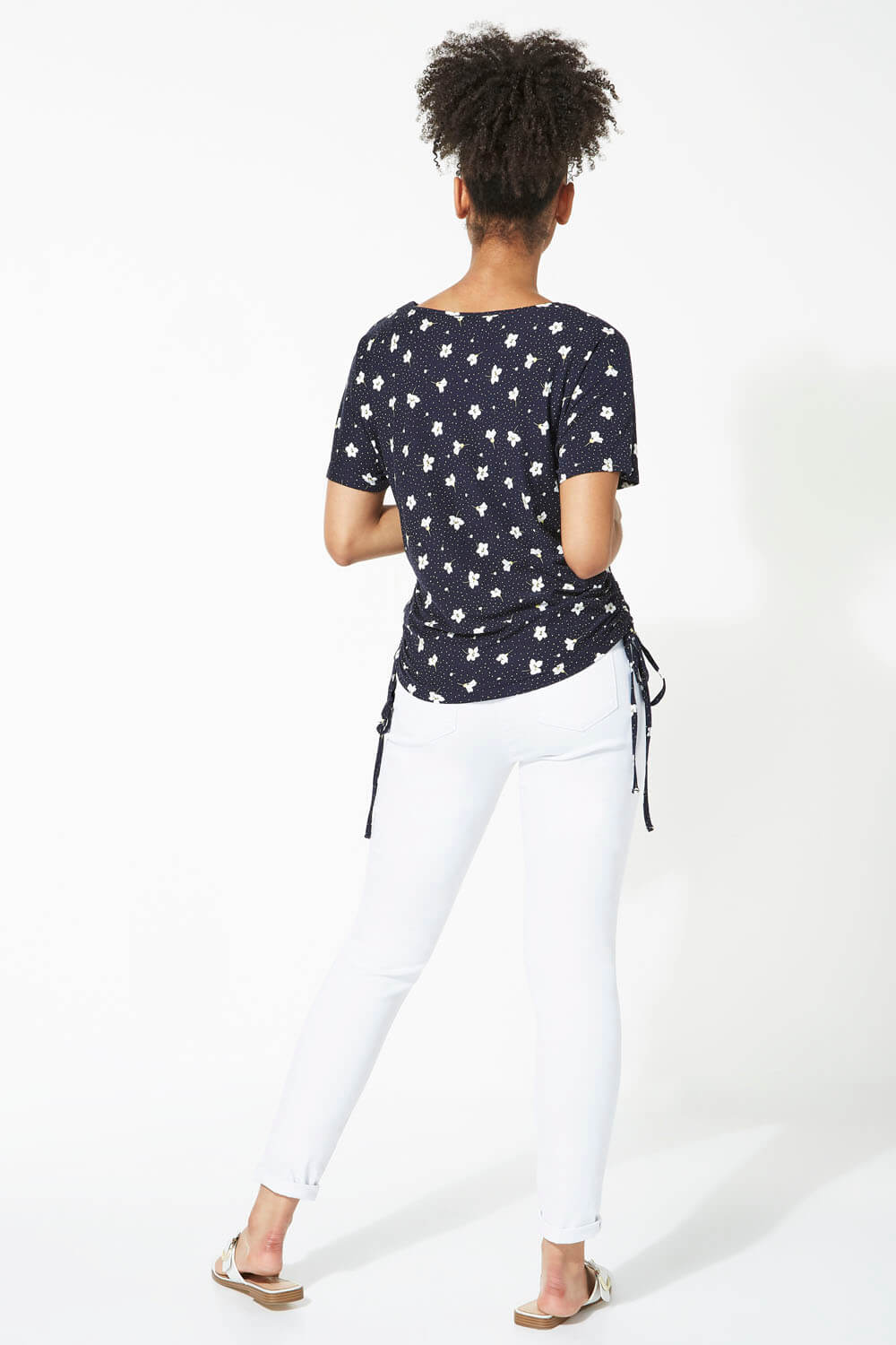 Navy  Floral Spot Print Tie Side Top, Image 3 of 5