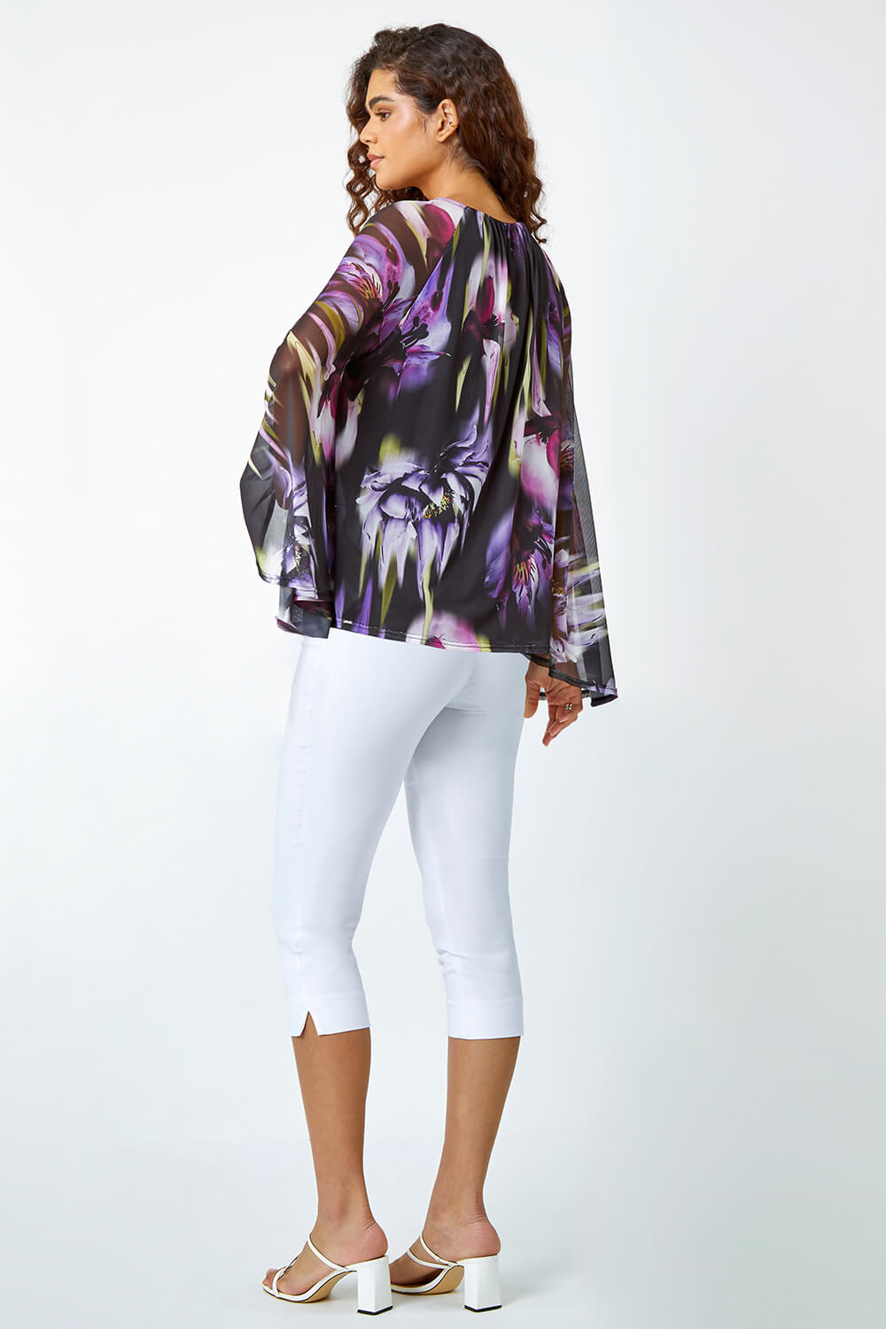 Purple Floral Print Mesh Stretch Top, Image 3 of 5