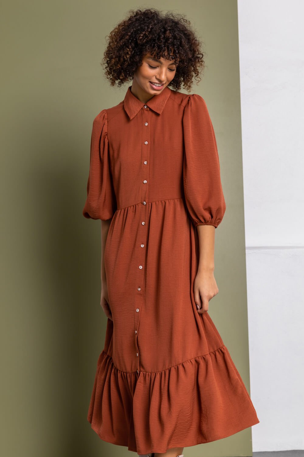 Rust Tiered Midi Length Shirt Dress, Image 5 of 5