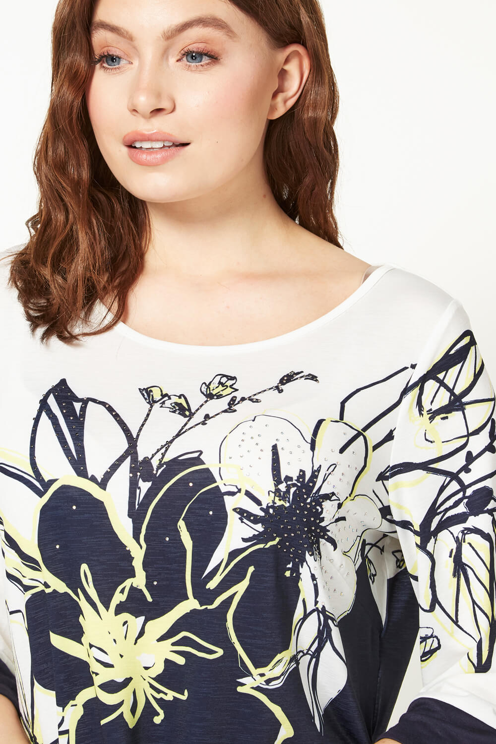 Navy  Floral Print Contrast Top, Image 4 of 5