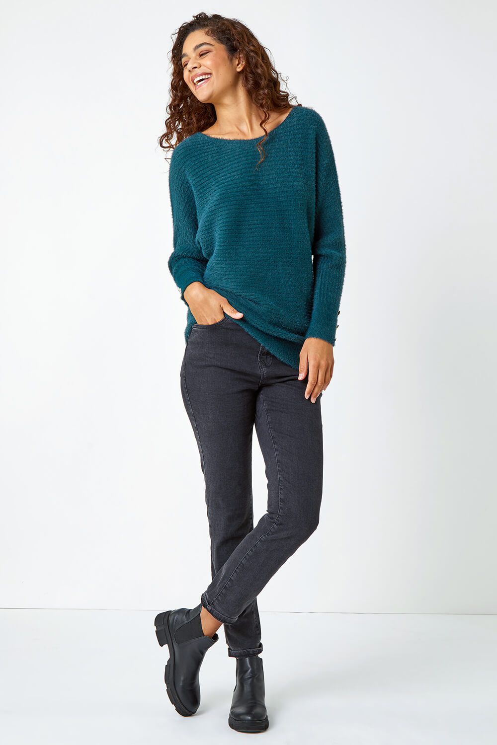 Green Button Sleeve Fluffy Longline Jumper , Image 4 of 5