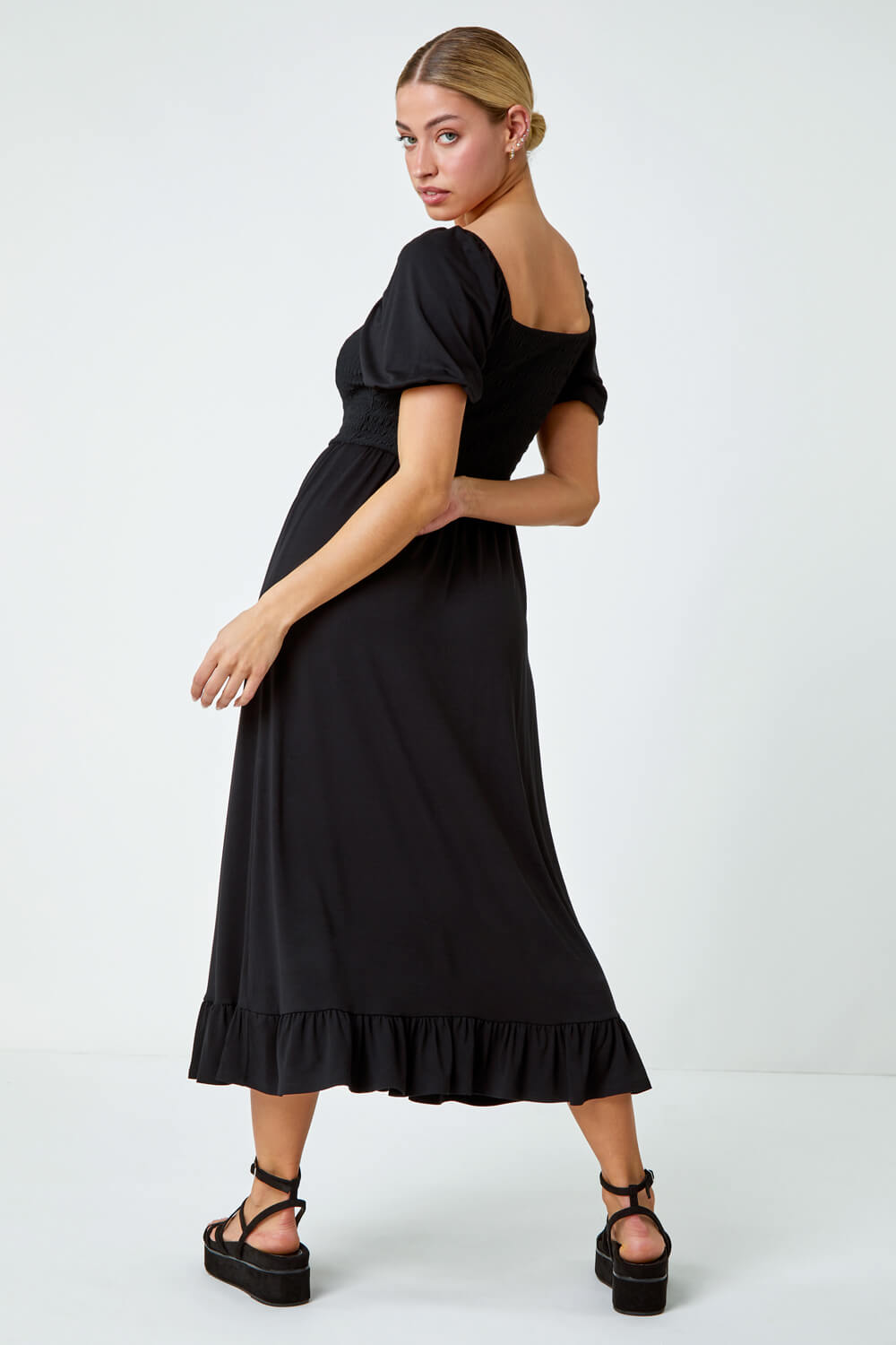 Black Shirred Frill Hem Stretch Dress , Image 3 of 5