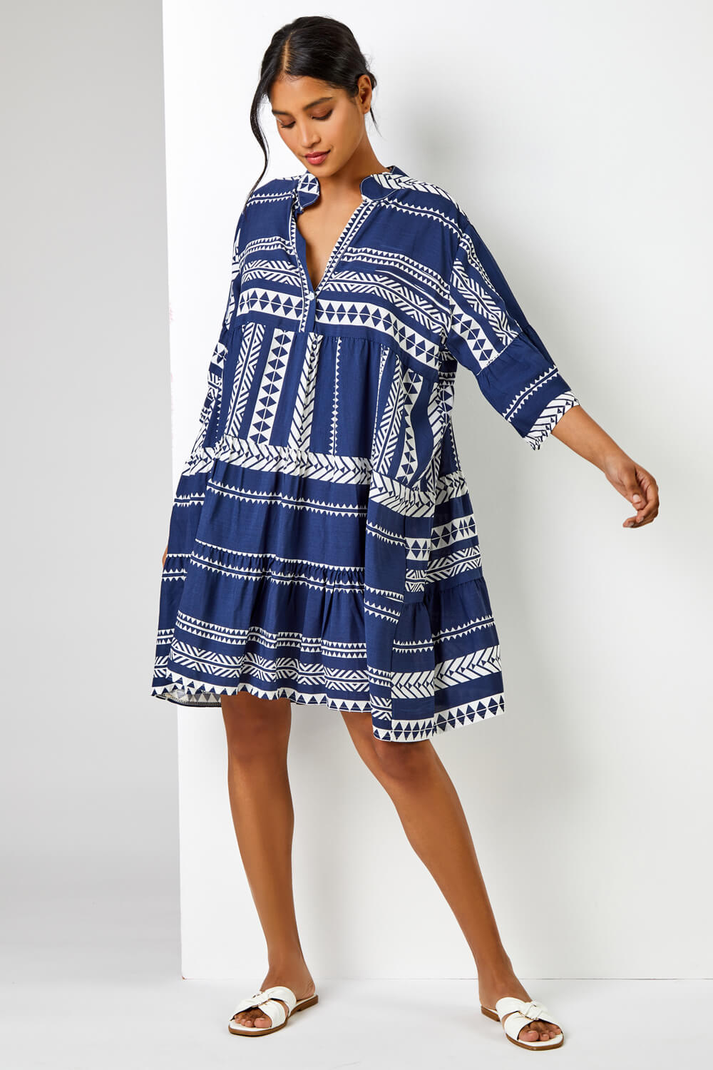 Navy  Contrast Print Tiered Smock Dress, Image 3 of 5