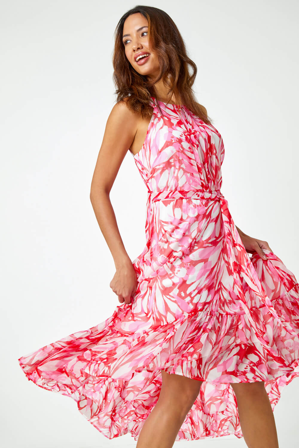 PINK Halter Neck Butterfly Print Dress, Image 2 of 5
