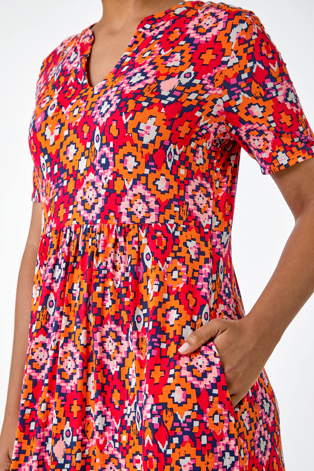 Red Aztec Print Stretch Jersey Pocket Dress, Image 5 of 5