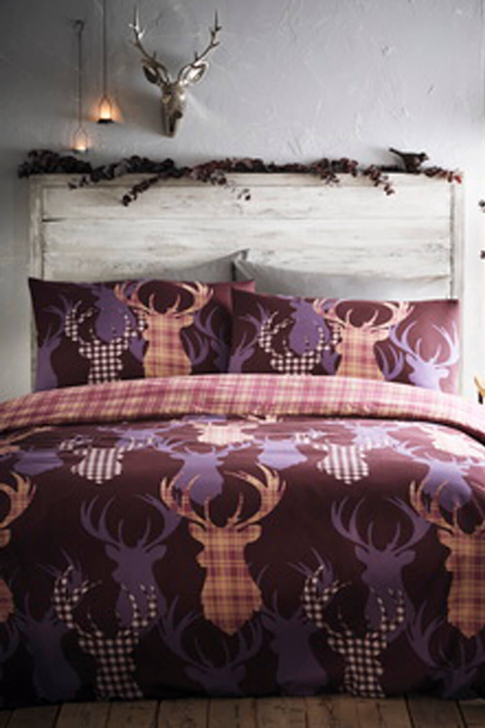 King Size Tartan Stag Duvet Cover Set in Plum Roman Originals UK