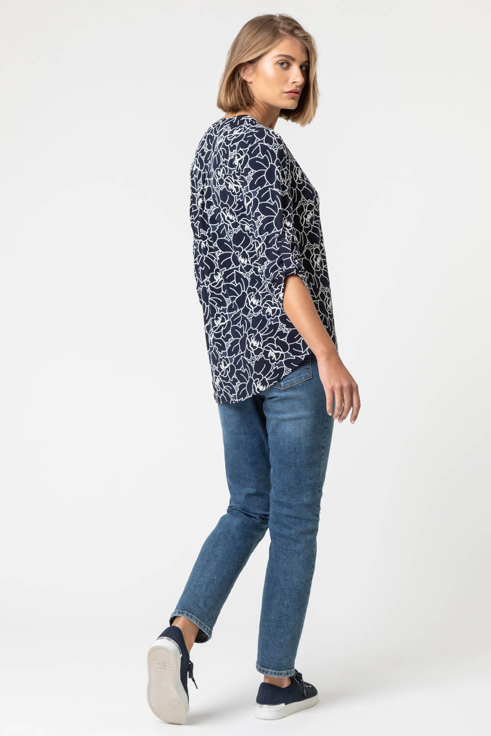 Navy  Linear Floral Puff Print Notch Neck Top, Image 2 of 4