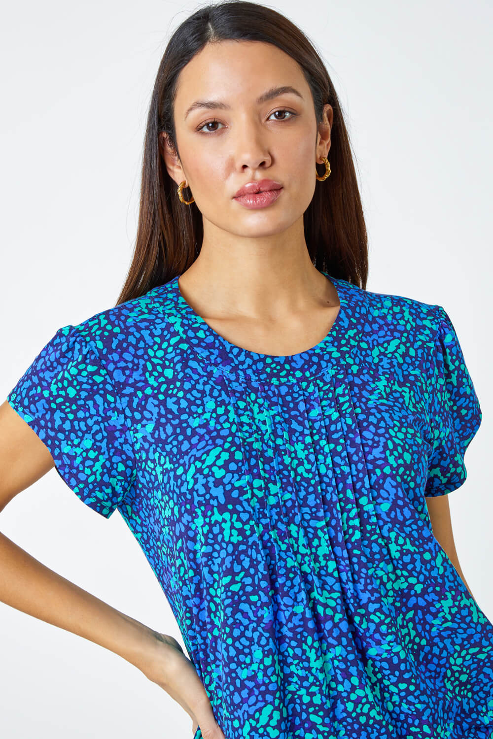 Blue Ditsy Spot Print Pleated Stretch Top, Image 4 of 5