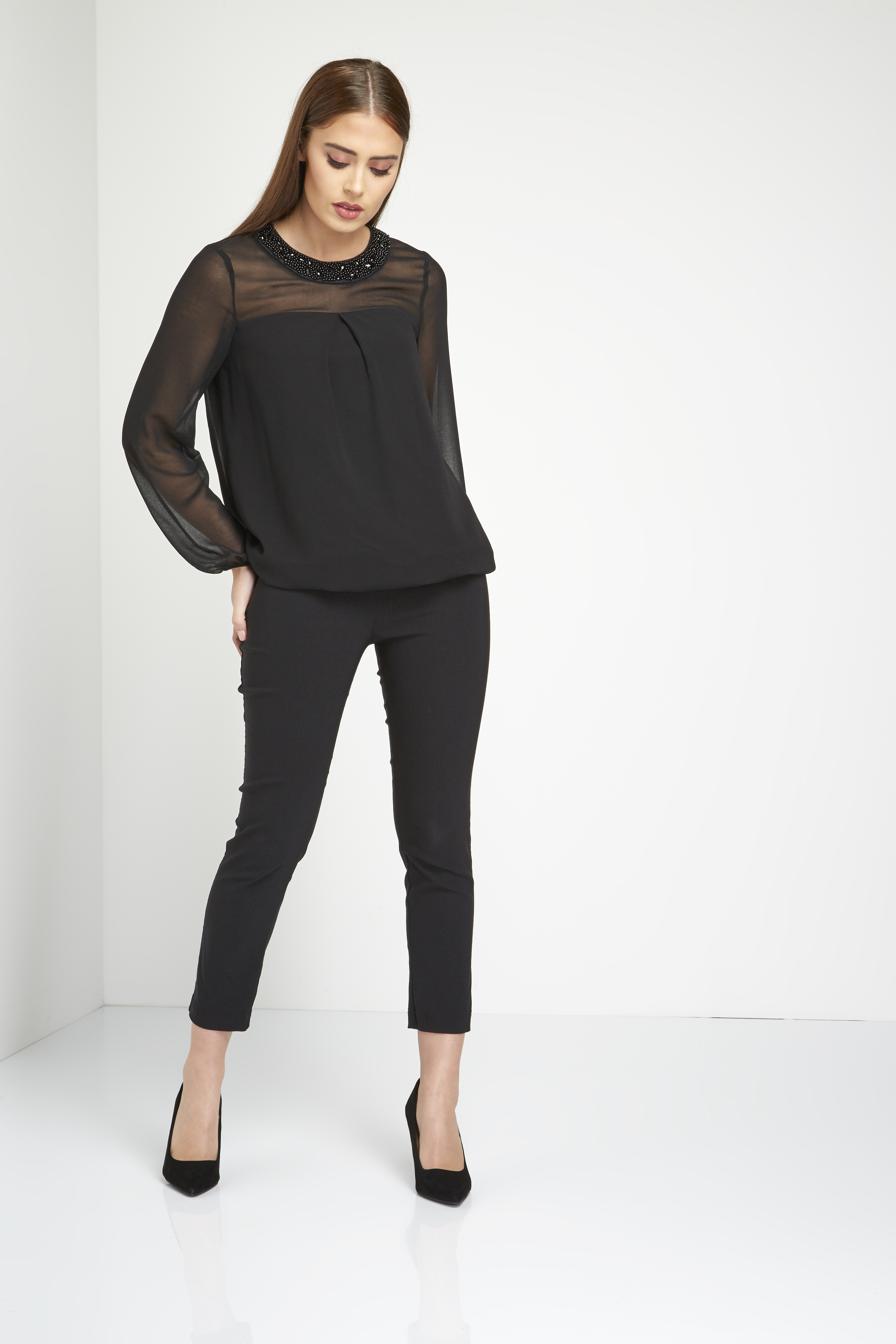 Embellished Neck Chiffon Sleeve Top In Black Roman Originals Uk