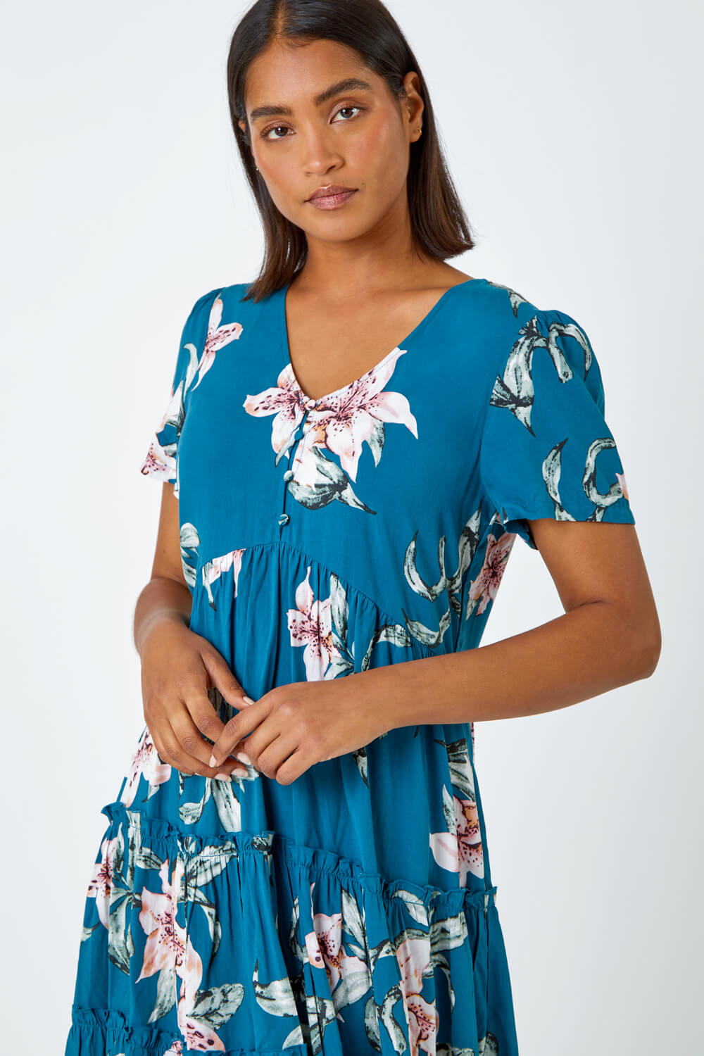 Teal Floral Print Tiered Mini Dress, Image 4 of 5