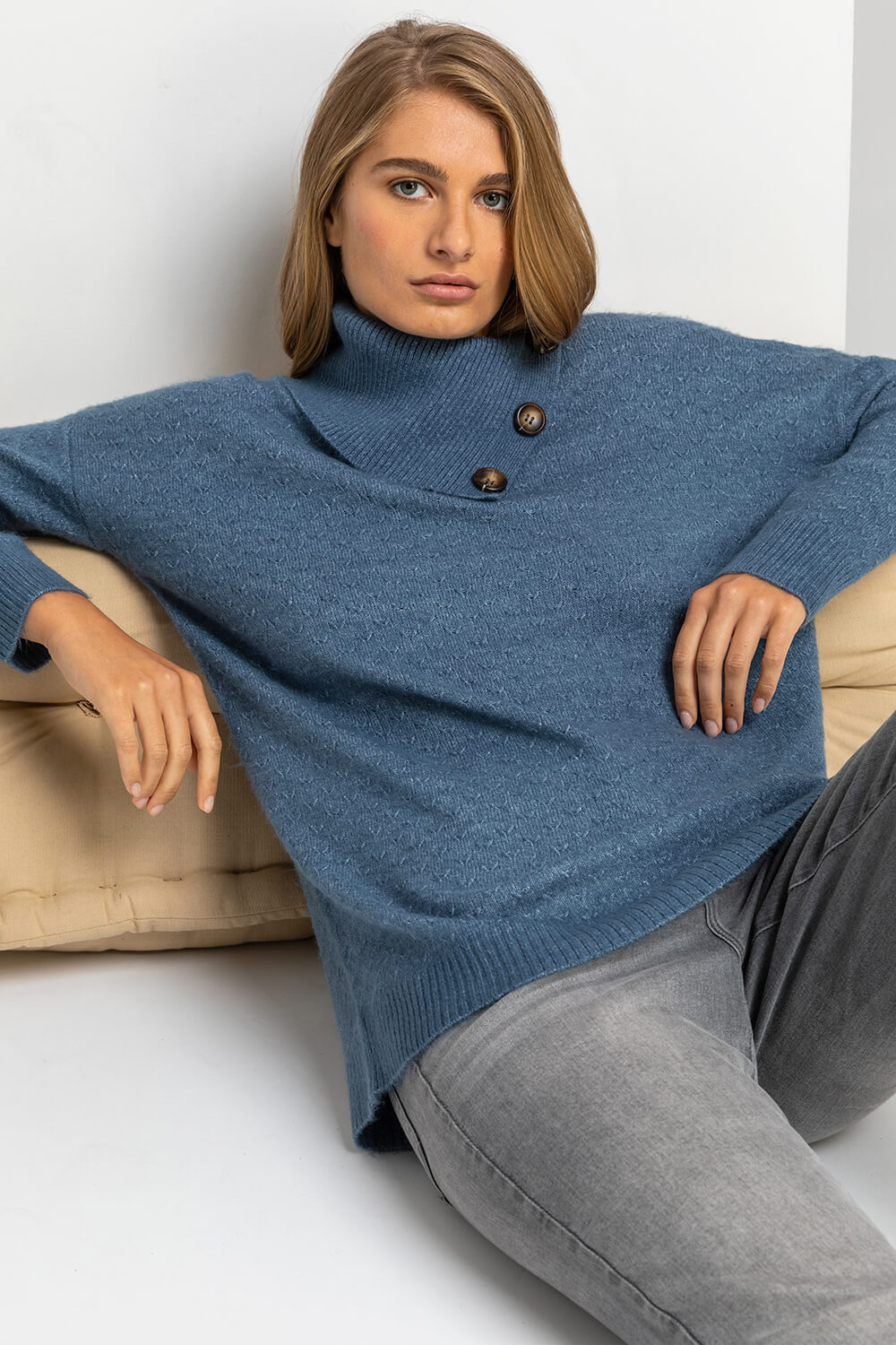 Blue Textured Cowl Neck Button Jumper, Image 5 of 5