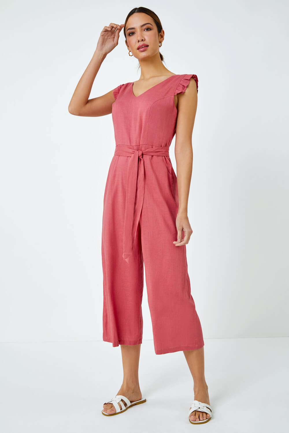 PINK Linen Blend Cropped Frill Jumpsuit, Image 4 of 5