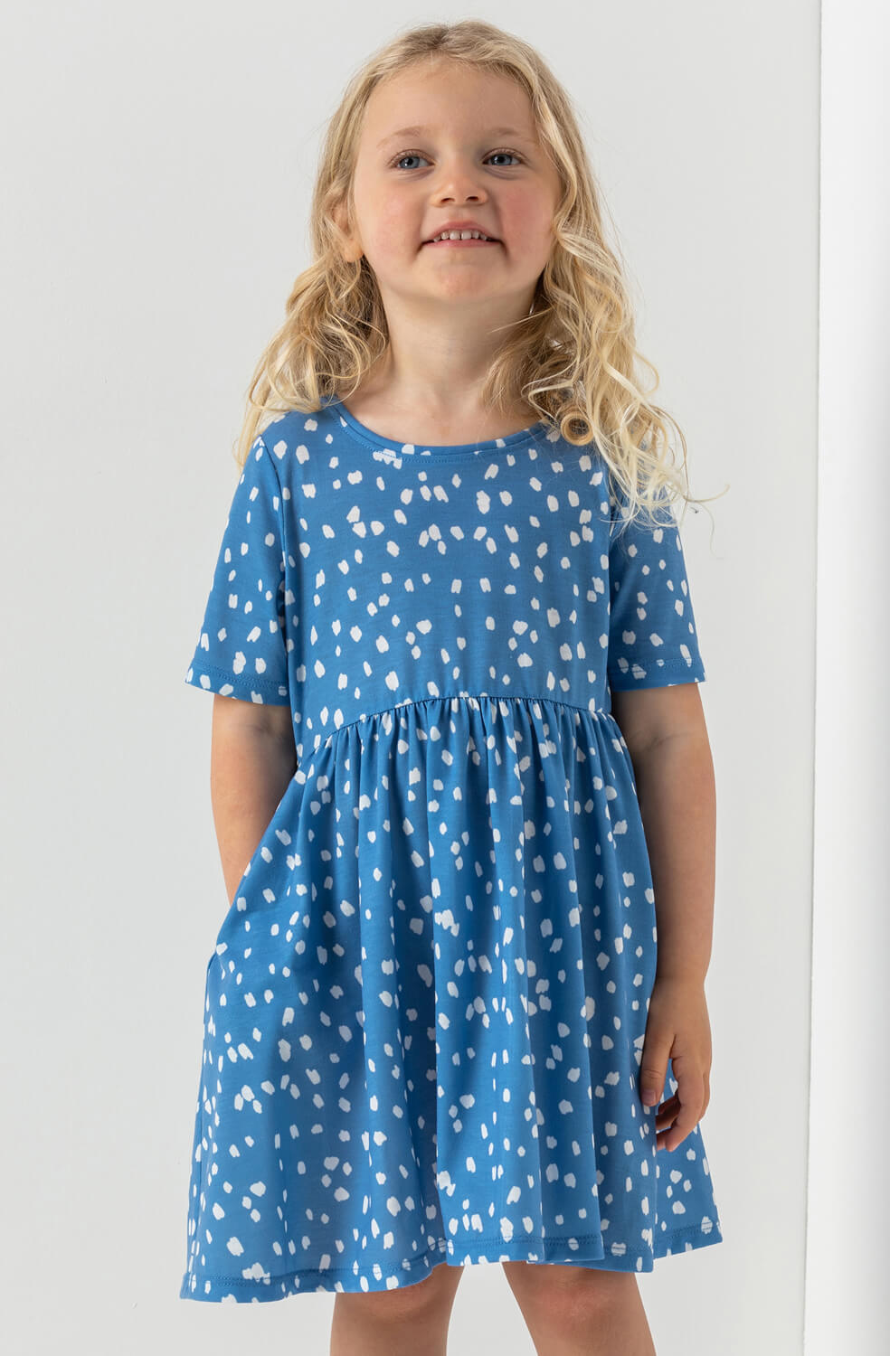 Blue Girls Spot Print Pocket Detail Dress, Image 3 of 5
