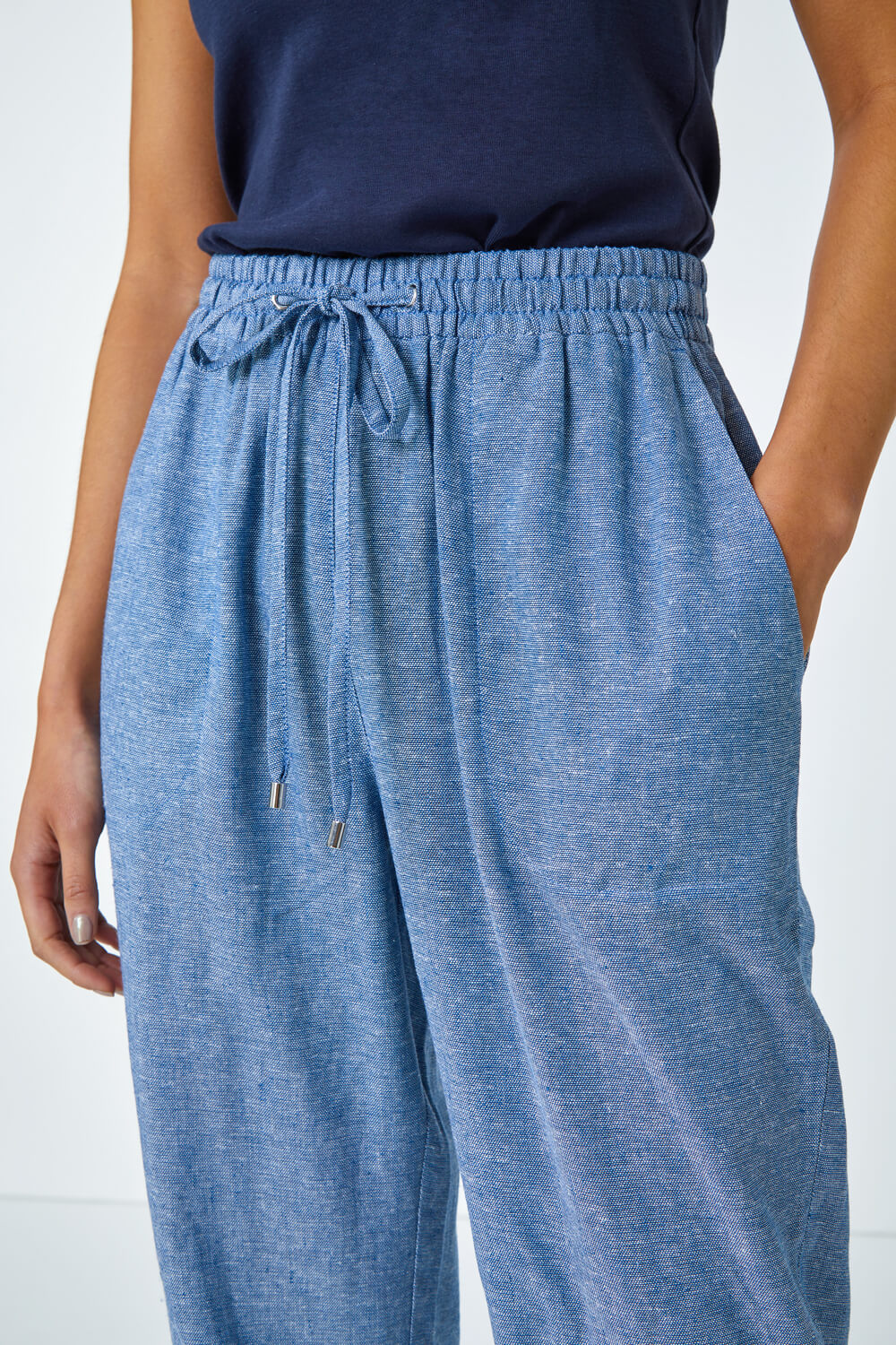 Blue Petite Linen Mix Wide Leg Trousers, Image 5 of 5